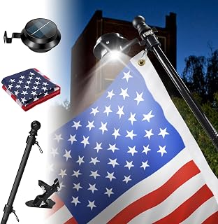 Black 6ft American Flag Pole Kit with Solar Light for Outside House, Outdoor Tangle Free Metal Flagpole with Holder Bracket, 3x5 Foot Embroidered Flags, 13 LEDs Light Solar Powered, Work 10+Hours