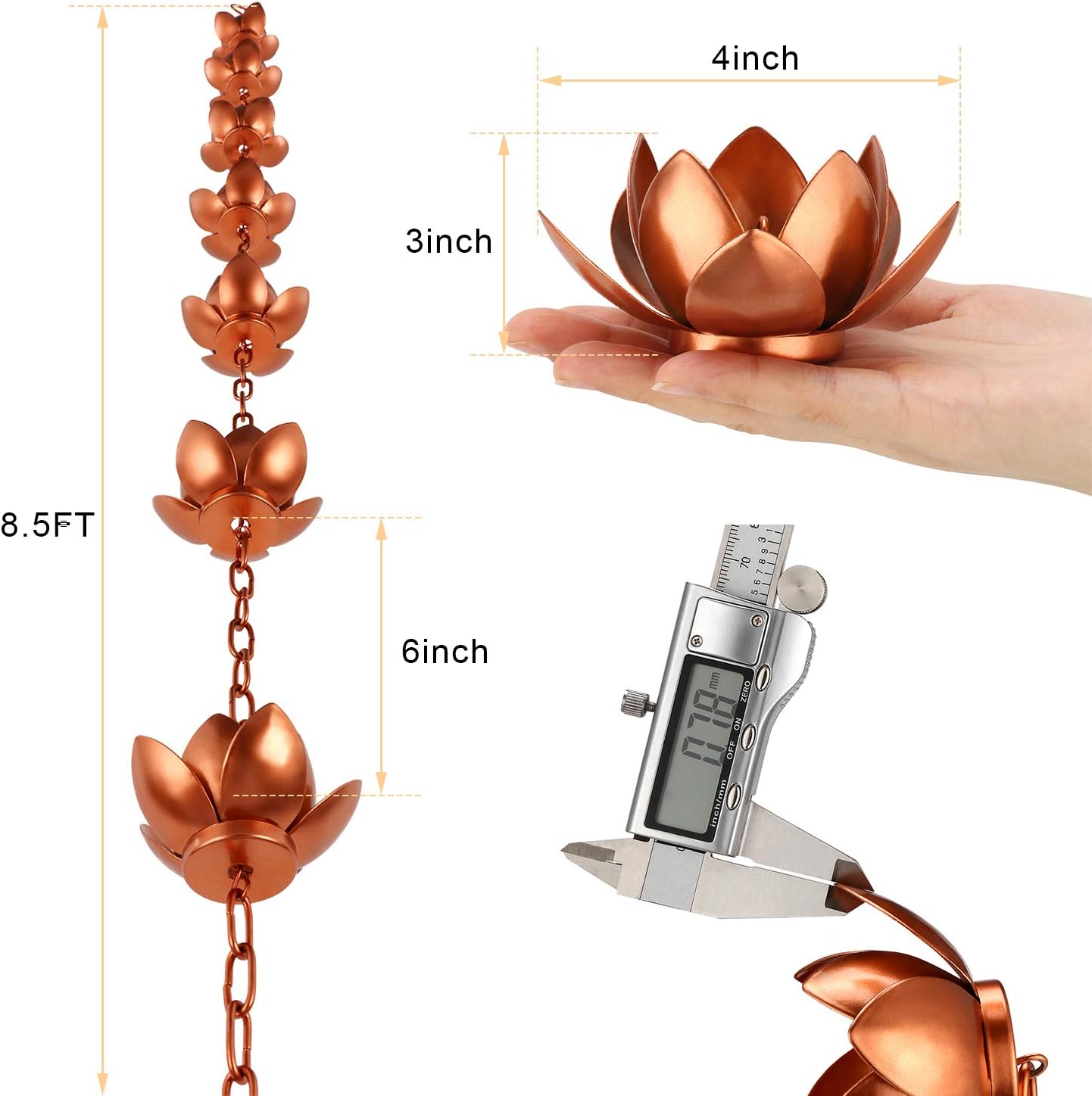 OAK LEAF Rain Chain Set, 8.5ft Copper Plated Rain Chain for Gutters with Adapter, Lotus Rain Chain Cups to Replace Gutter Downspout, Divert Water and Home Display, 12 Cups, Adjustable, Rose Gold