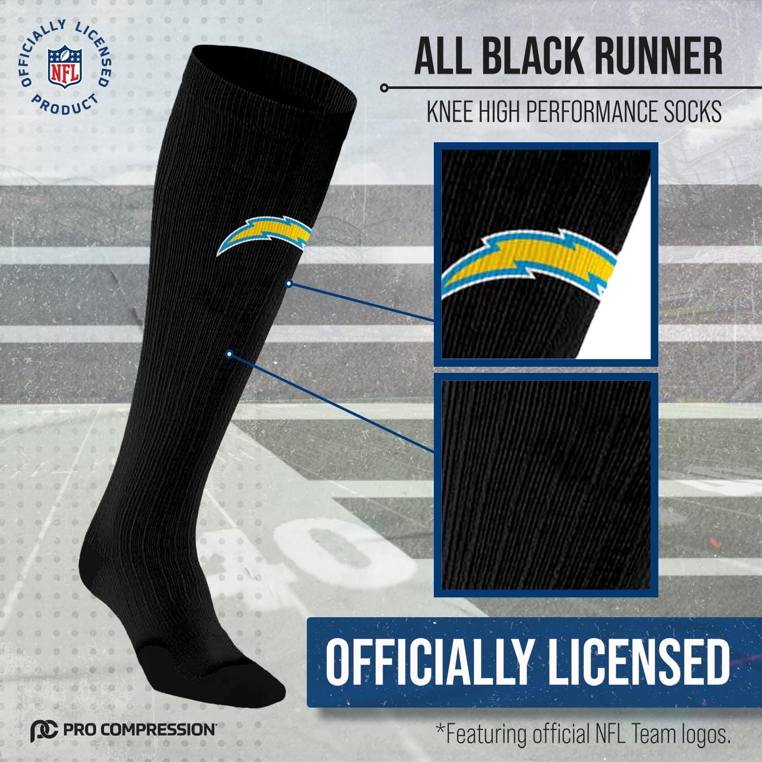 For Bare Feet NFL Adult Knee High-Performance Socks, All Black, Unisex Design, Recovery Wellness Exercise Accessory