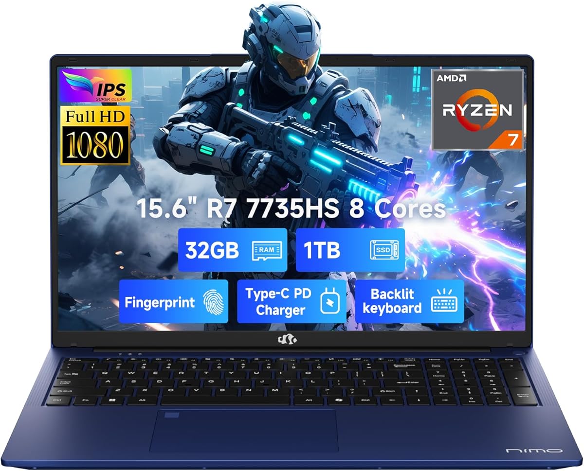 NIMO 15.6" IPS FHD Gaming-Laptop, AMD 8 Cores Ryzen 7 7735HS 32GB DDR5 RAM 1TB SSD (Beats i7-12650H, Up to 4.75GHz) Computer with Radeon 680M 100W Type-C Backlit Keyboard Fingerprint Unlock, Blue : Electronics