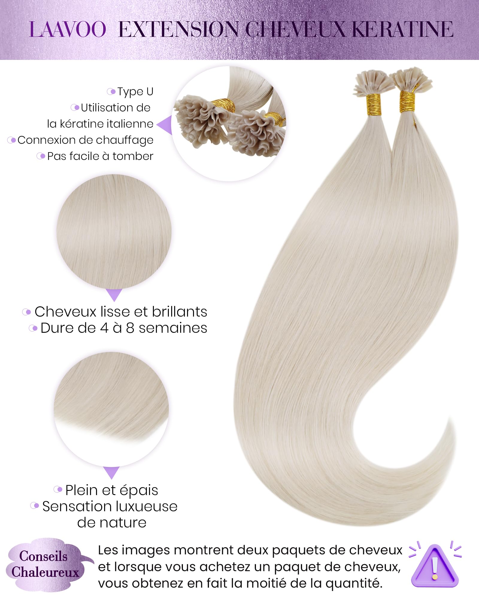 LaaVoo Extension Cheveux Naturel Keratine Blanc 50g 50 Mèche 40cm Extension Cheveux Humain Keratine Platine Lisse #60