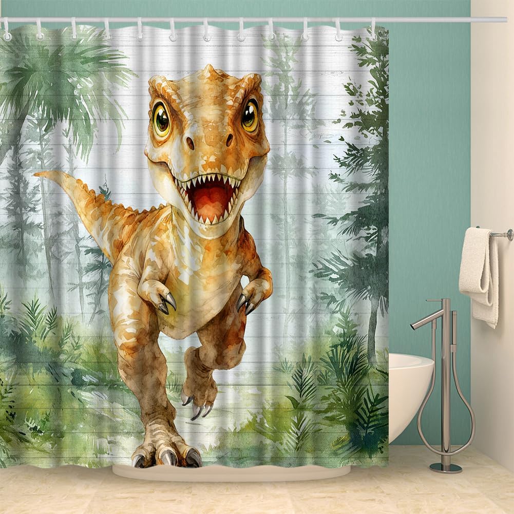 T-Rex Running in Forest Shower Curtain 72x72 Dinosaur Funny Bathroom Decor