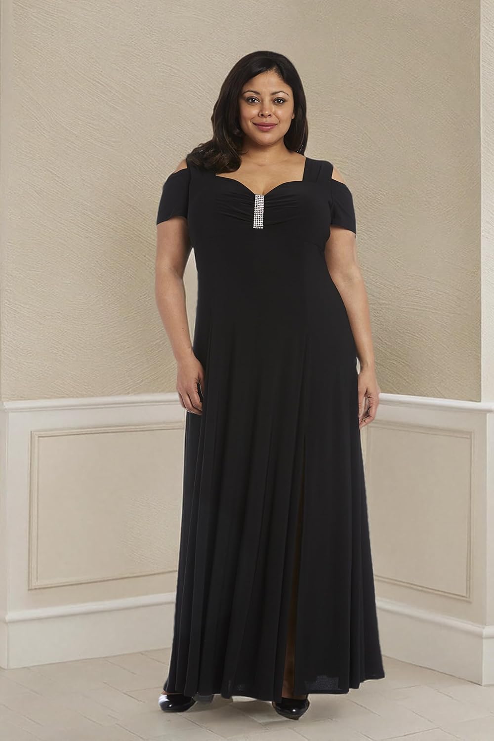 Long Evening Gown W/Cold Shoulder, Thigh Slit & Diamante Detail - Image 6