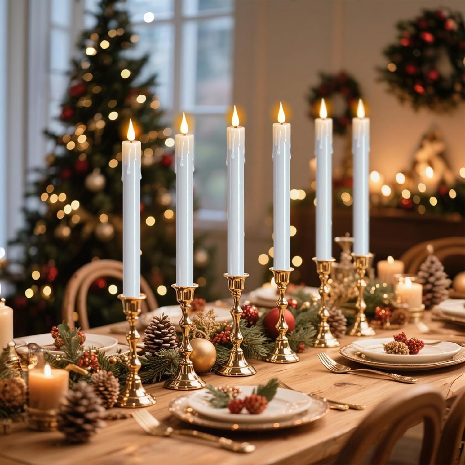 Eldnacele Flameless Window Taper Candles with Remote and Timer, Battery Operated (Included) Flickering Candles Removable Candlesticks and Suction Cups Included Christmas Holiday Decor (6Pcs, White)