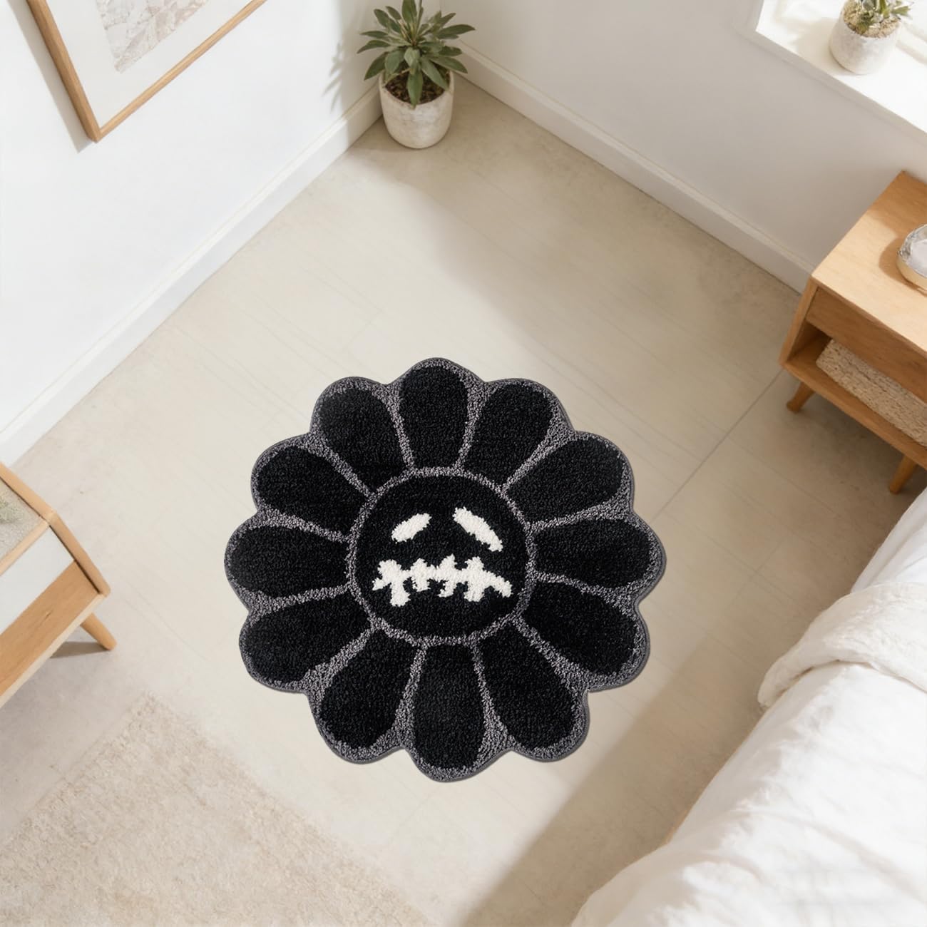 Trippy Flower Rug Cool Bathroom Rugs 2FT Gothic Black Bath Mat Tufted Extra Soft Water Absorbent Quick Dry Bathroom Mat Non Slip Halloween Skull Horror Decor Carpet (Black,2 x 2FT)