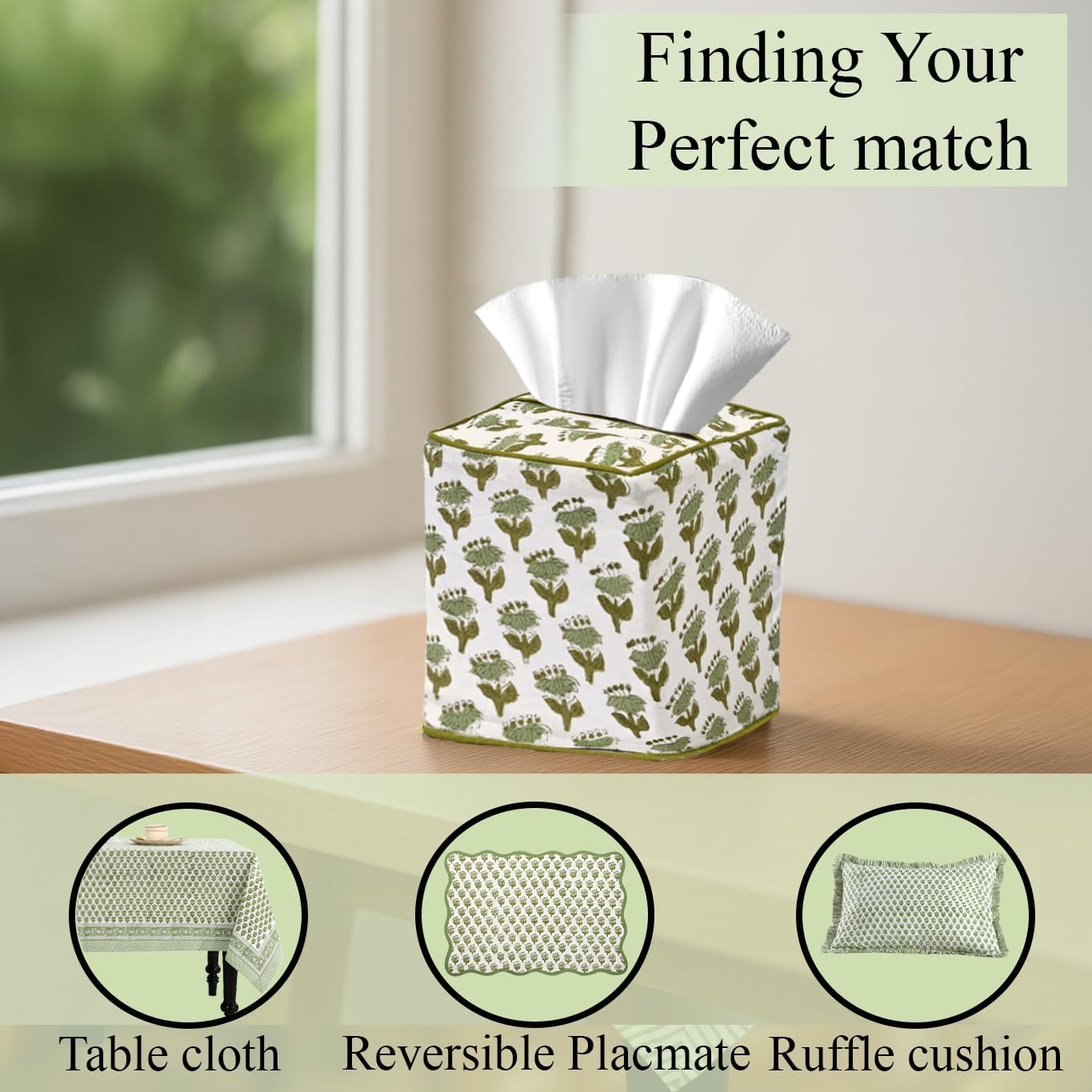 CPC Emerald Green Hand Block Printed Cotton Tissue Box Cover 5" x 5" x 5.5" Square Soft Reusable Boho Napkin Holder for Home Kitchen Dining Bathroom Office Cafe Spa Summer Thanksgiving - Image 9