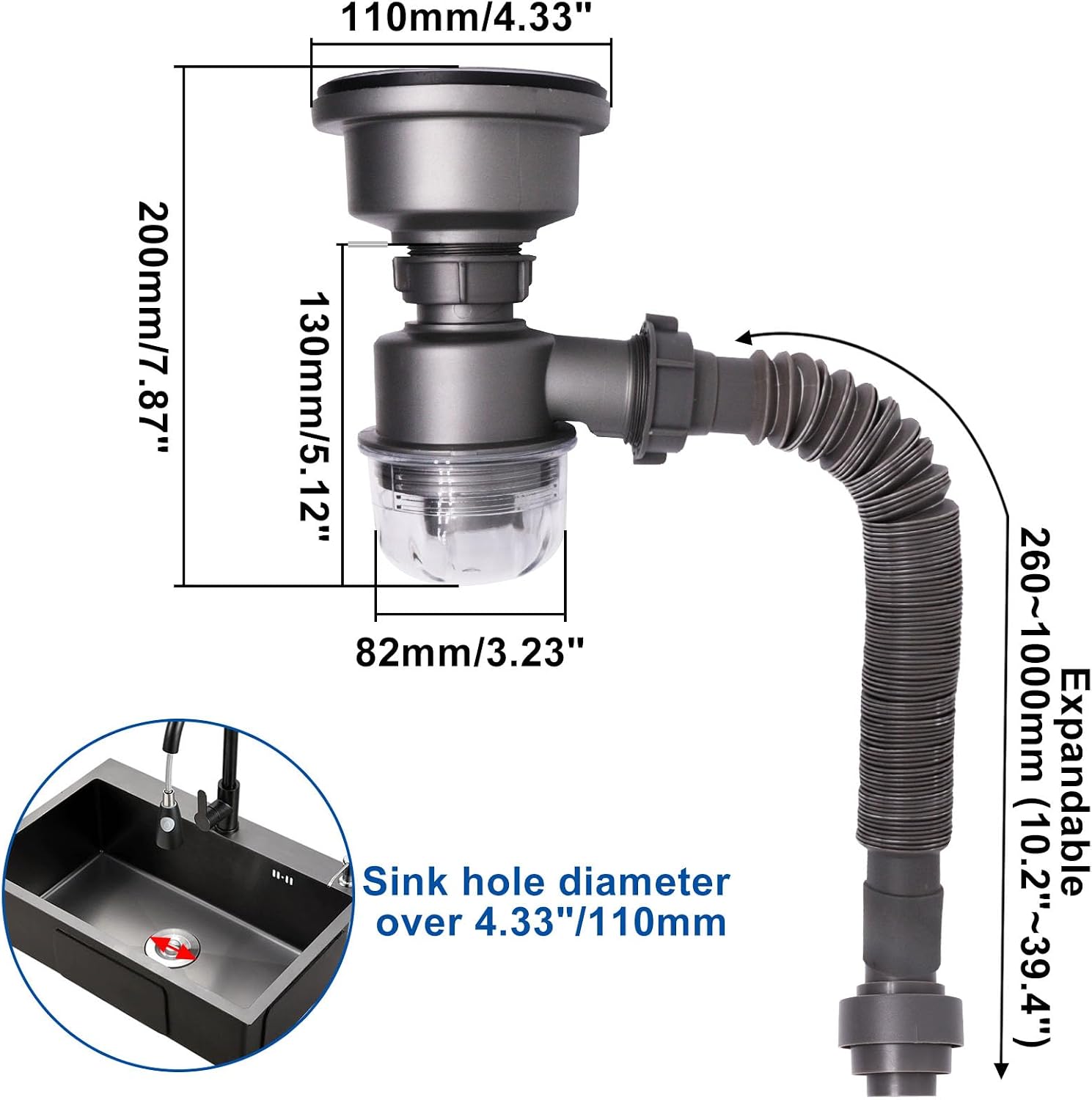 Kitchen Sink Drain Kit, Anti-Odor Expandable Flexible Drain Pipe with Sealing Cup, for Kitchen & Balcony Laundry Sink