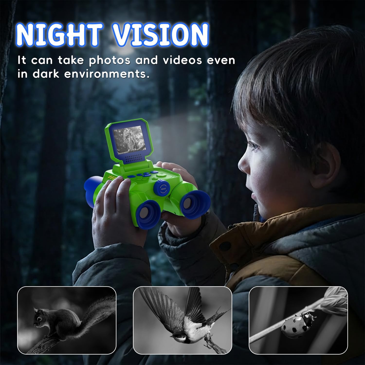 Binoculars for Kids with Night Vision, 2.4" HD Screen & 10X Zoom for Photo and Video - Outdoor Adventure Binoculars Bird Watching, Camping, Hiking, Gifts for Kids Ages 4+ (Green)