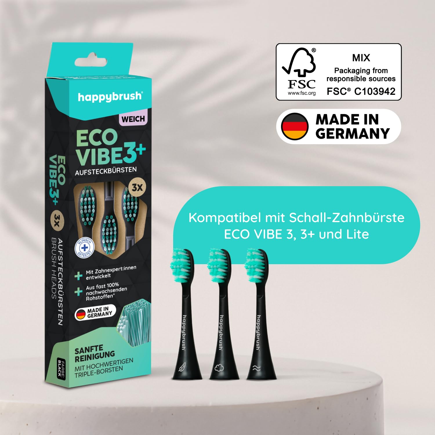 happybrush® Cabezales sostenibles para cepillo de dientes eléctrico sónico Eco Vibe 3 – negro/menta – suave – 3 unidades