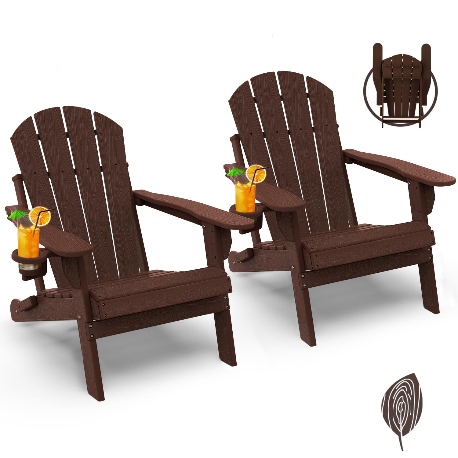 GREENVINES Folding-Adirondack-Chairs Set of 2, HDPE Wood Grain, Dark Brown