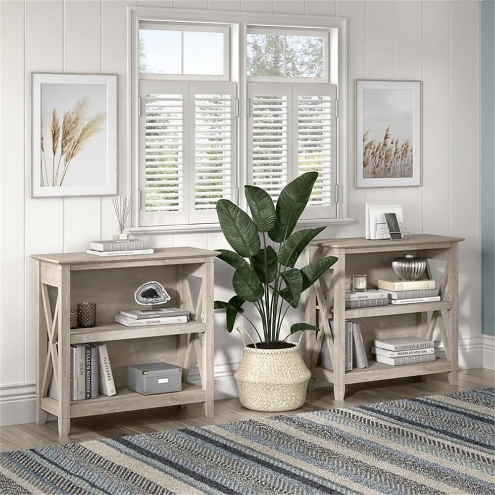 Pemberly Row Small 2 Shelf Bookcase, 32W x 13D x 30H, Engineered Wood, Washed Gray Finish, Adjustable and Fixed Shelves, Compact Design, Casual Style for Home Office, Living Room, or Entryway Storage