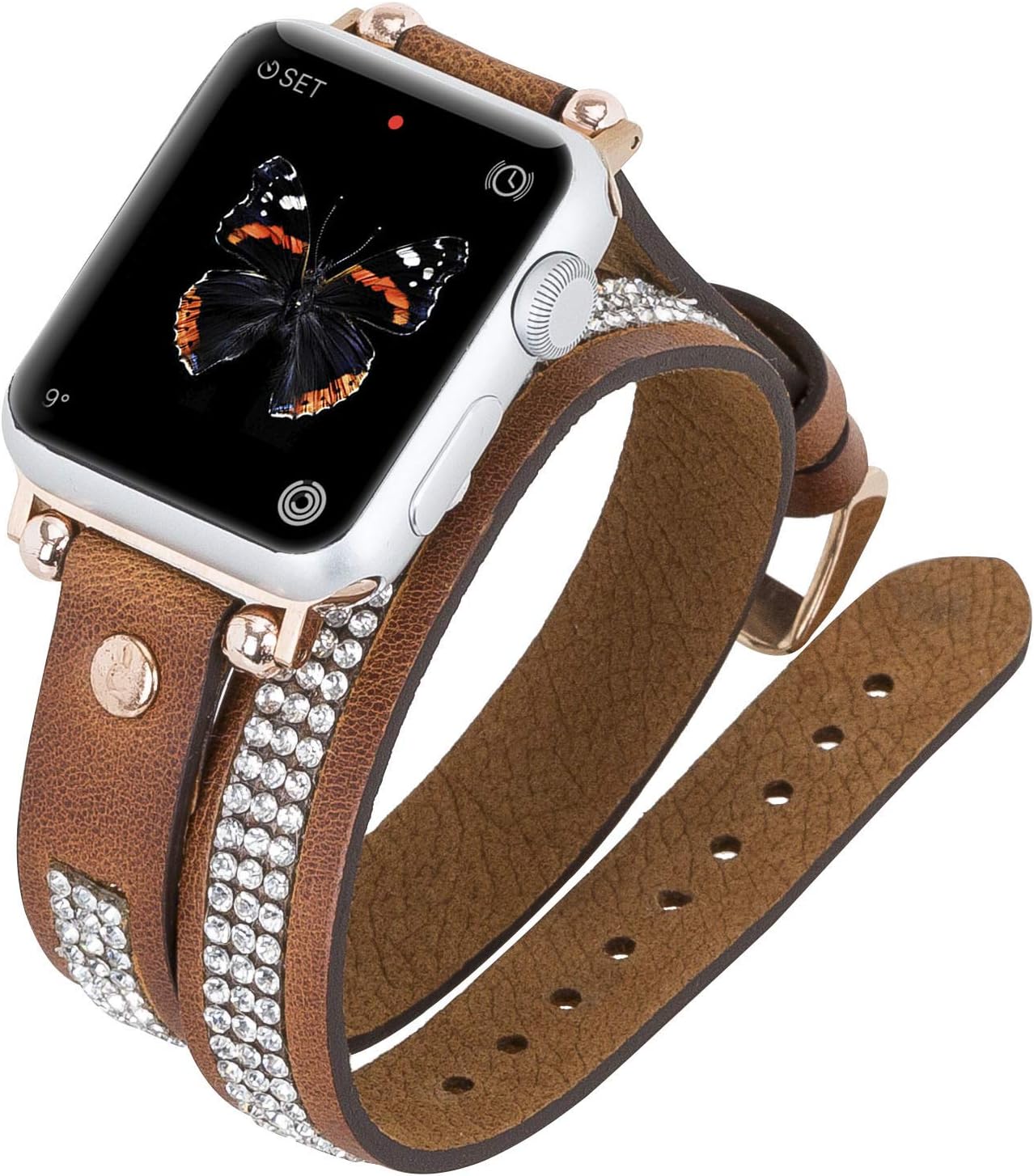 Black Friday - 80% OFF Venito Livorno Double Wrap Leather Slim Watch Band with Rhinestones Compatible w/Apple Watch Series 1,2,3,4,5,6,7,SE with Stainless Steel Hardware (Antique Brown w/Rose Gold Connector & Clasp, 38mm-40mm)