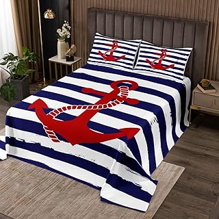 Castle Fairy Nautical Anchor Bedspread King,Geometric Stripes Comforter Set Ocean Adventure Theme Quilt Set Navy Blue and Red Coverlet Set 3pcs for Kids Girls Teens Boys Room Decor with 2 Pillowcases