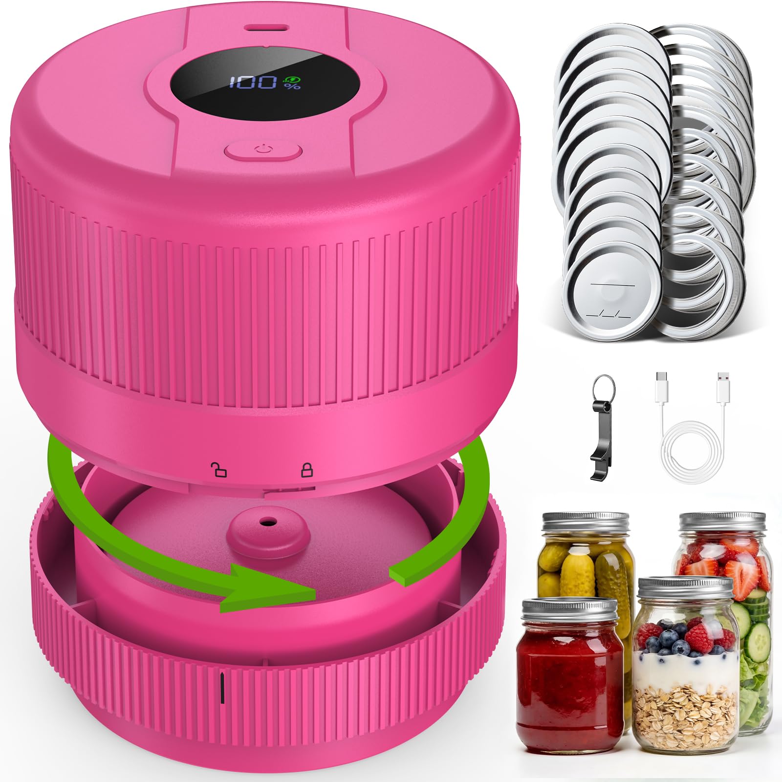 Mason Jar Vacuum Sealer Kit, Electric Mason Jar Sealer for Wide & Regular Mouth Mason Jars, Ideal for Pickles, Jam, Salad, Overnight Oats, Dry Food and Meal Prep Storage (Berry)