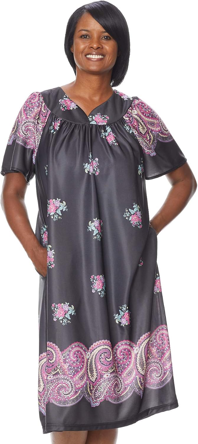 AmeriMark Women's & Women's Plus Border Lounge Dress- Short Sleeve Gown Sleepwear for Ladies