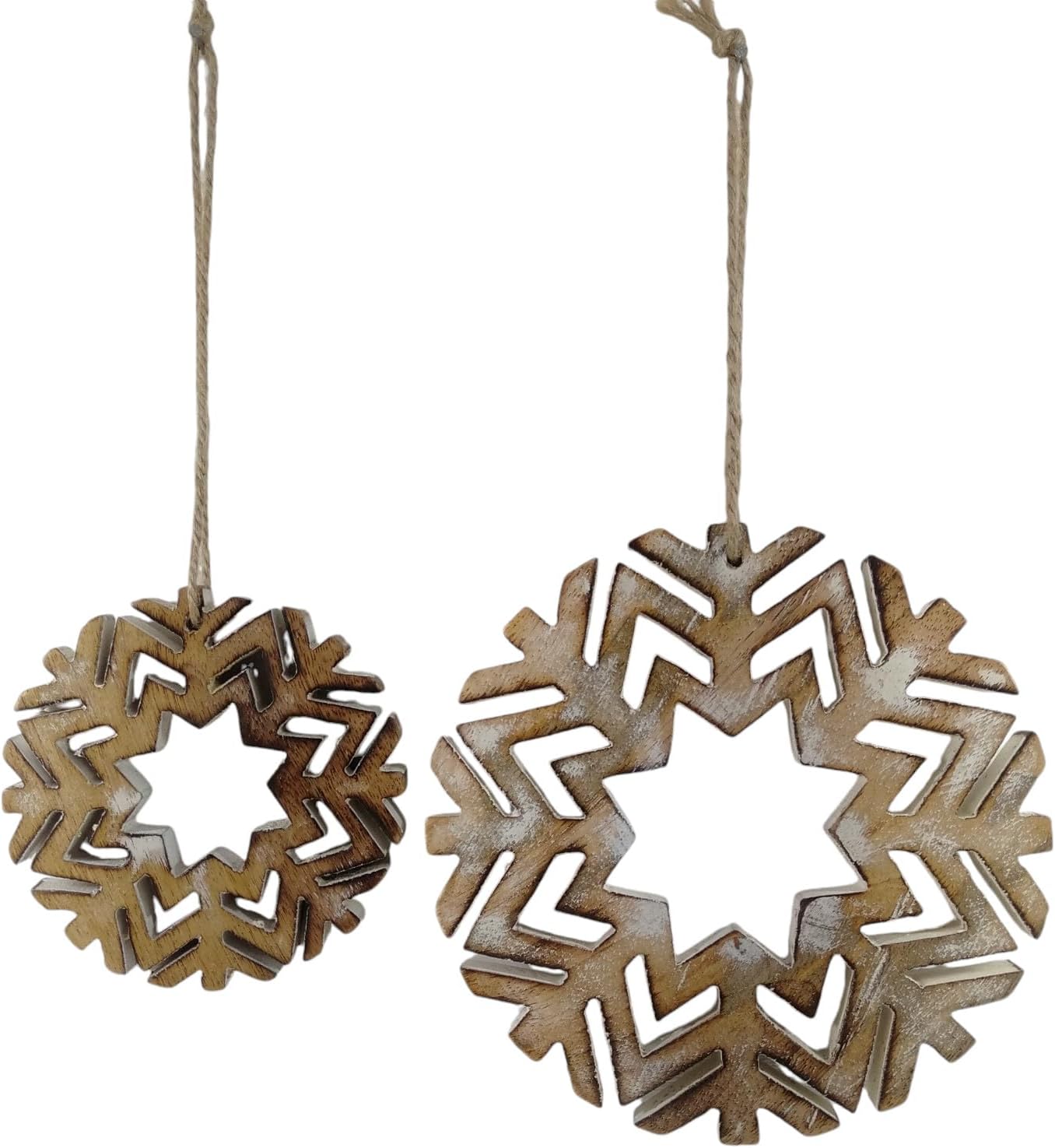Set of 2 Rustic Wooden Snowflake Ornaments – White-Wash Farmhouse Christmas Tree Décor – Vintage-Inspired Holiday Decorations for Christmas Tree, Wreaths, and Festive Home Décor – Cozy Winter Accents.