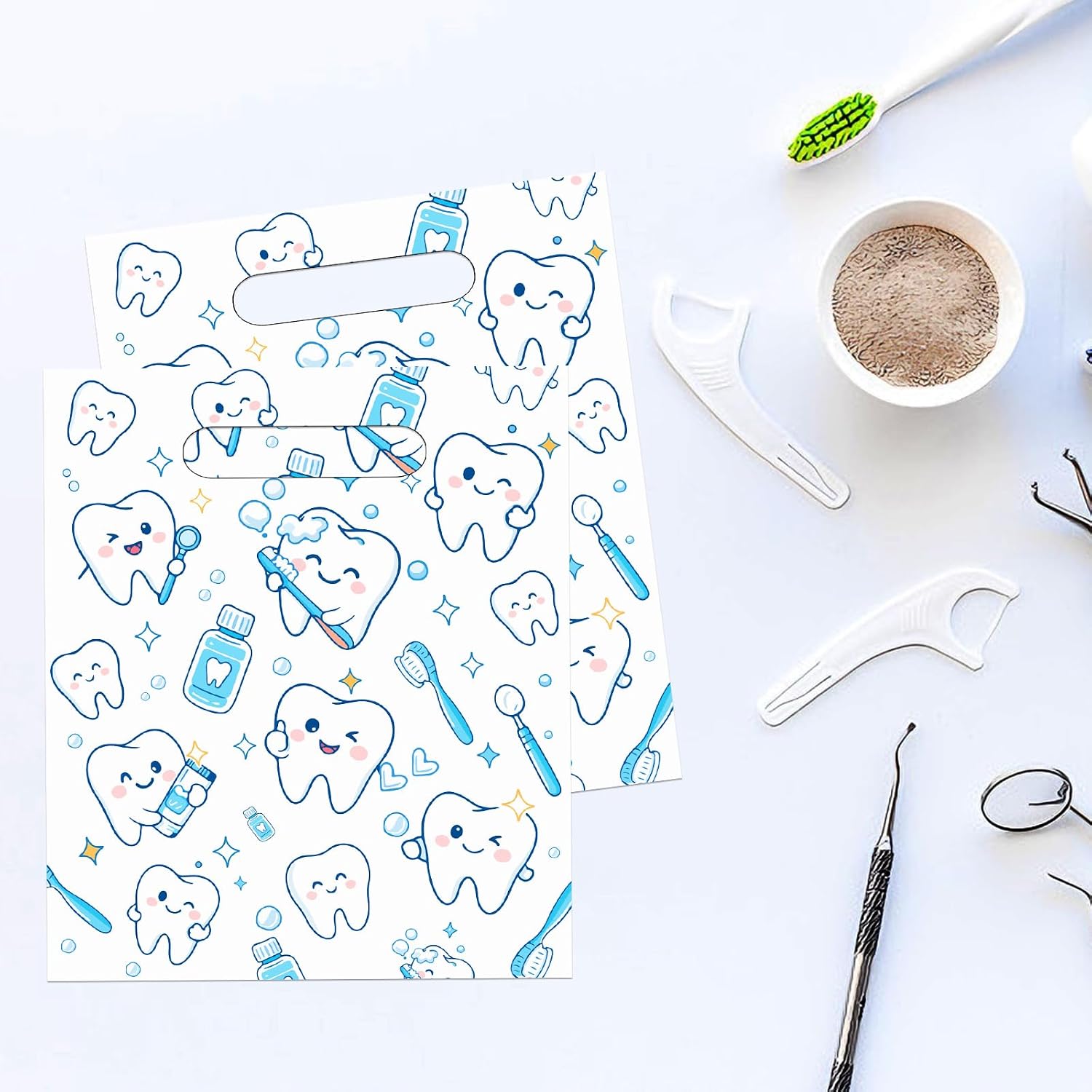 200 Pcs Tooth Merchandise Bags with Handles, 8.3x9.5 Inches Plastic Dental Bags for Patients, Dental Goodie Treat Bags Bulk for Dentist Clinic Office, Appreciation Gifts, Dental Hygiene Party Favor