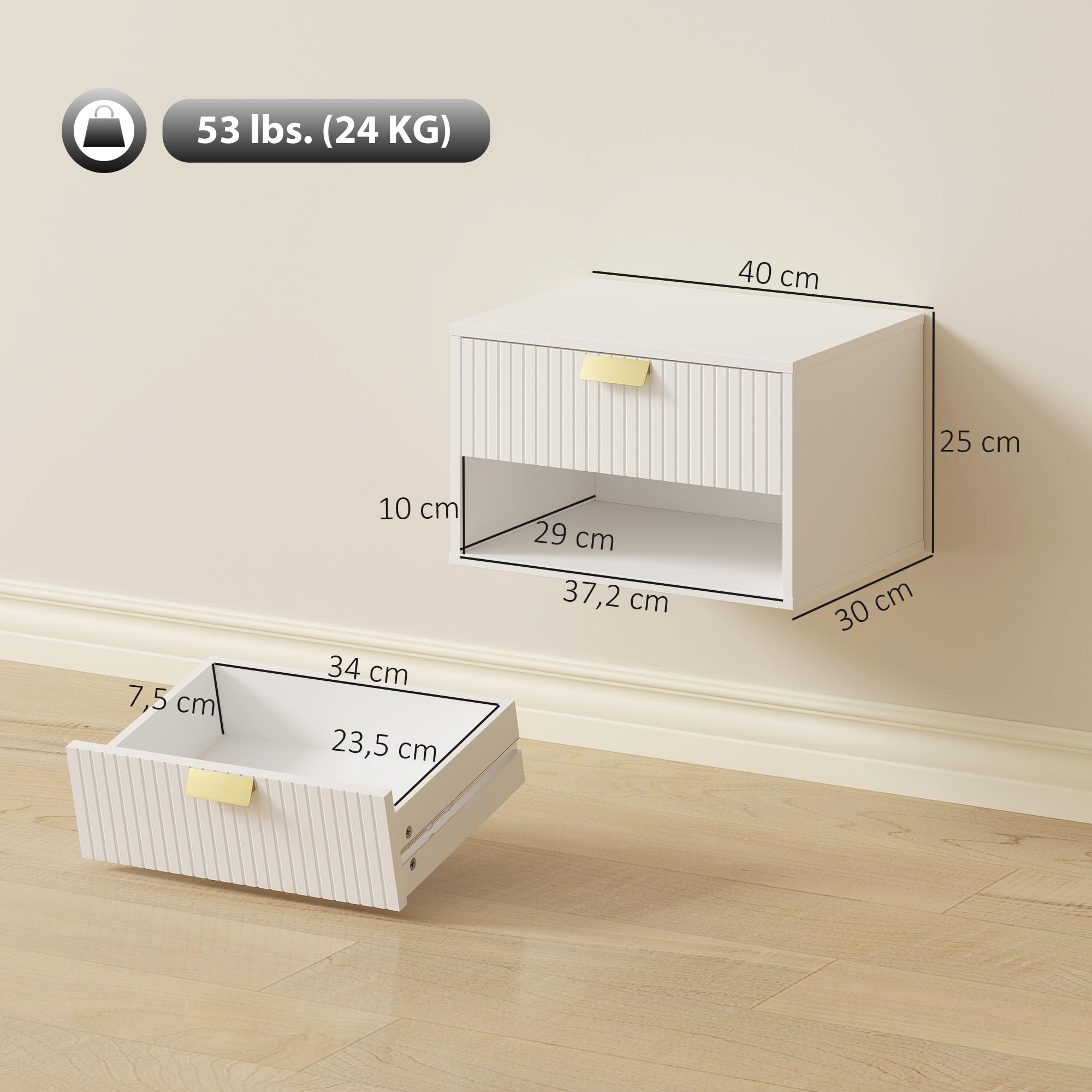 HOMCOM Juego de 2 Mesitas de Noche Flotantes con Cajón 40x30x25 cm Blanco | Mesillas de Noche, Frente Ondulado, Estante Abierto, Diseño Moderno, para Dormitorio
