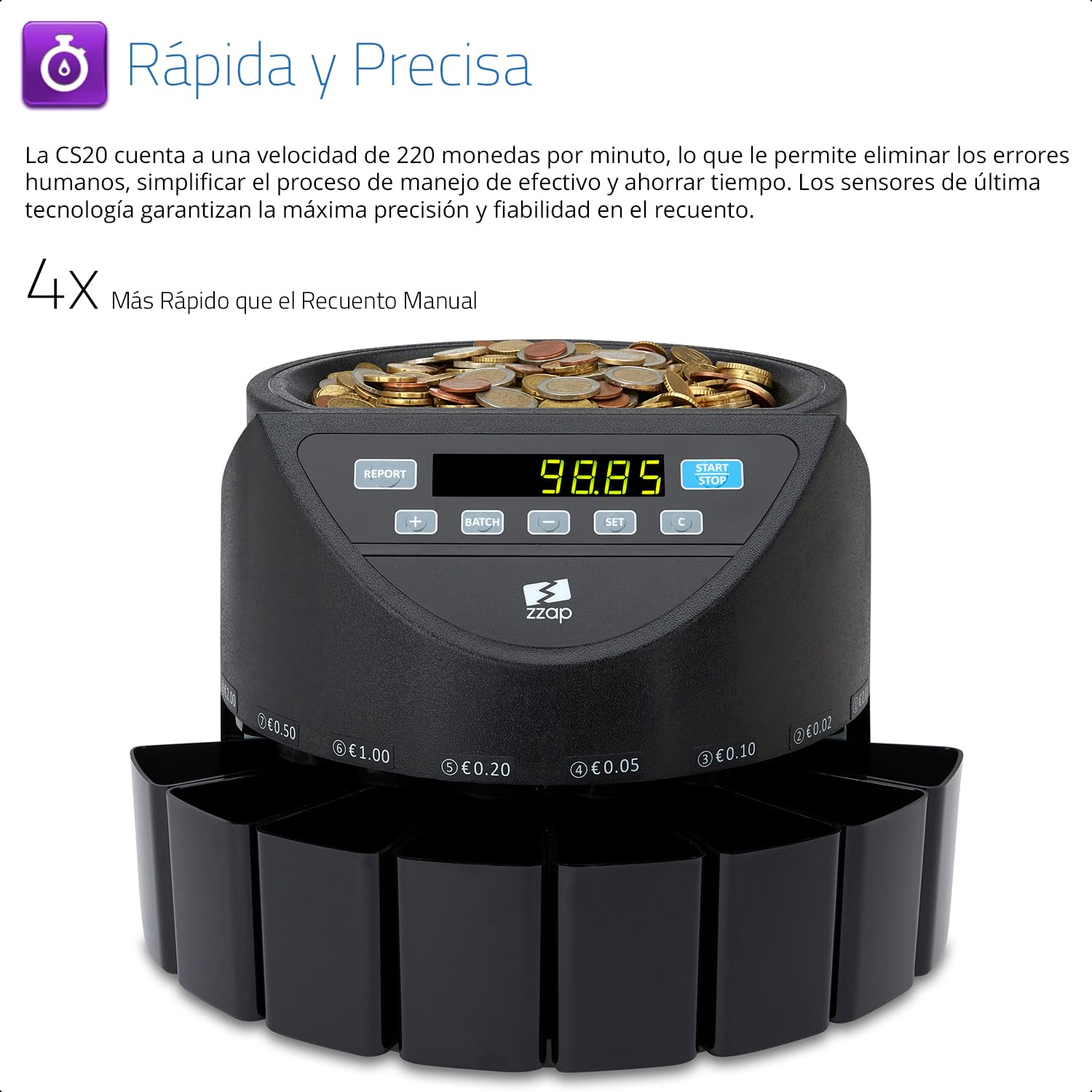 ZZap CS20 - Contadora y clasificadora automática de monedas EURO – Velocidad de conteo de 220 monedas/minuto, recuento por lotes ¡y más!