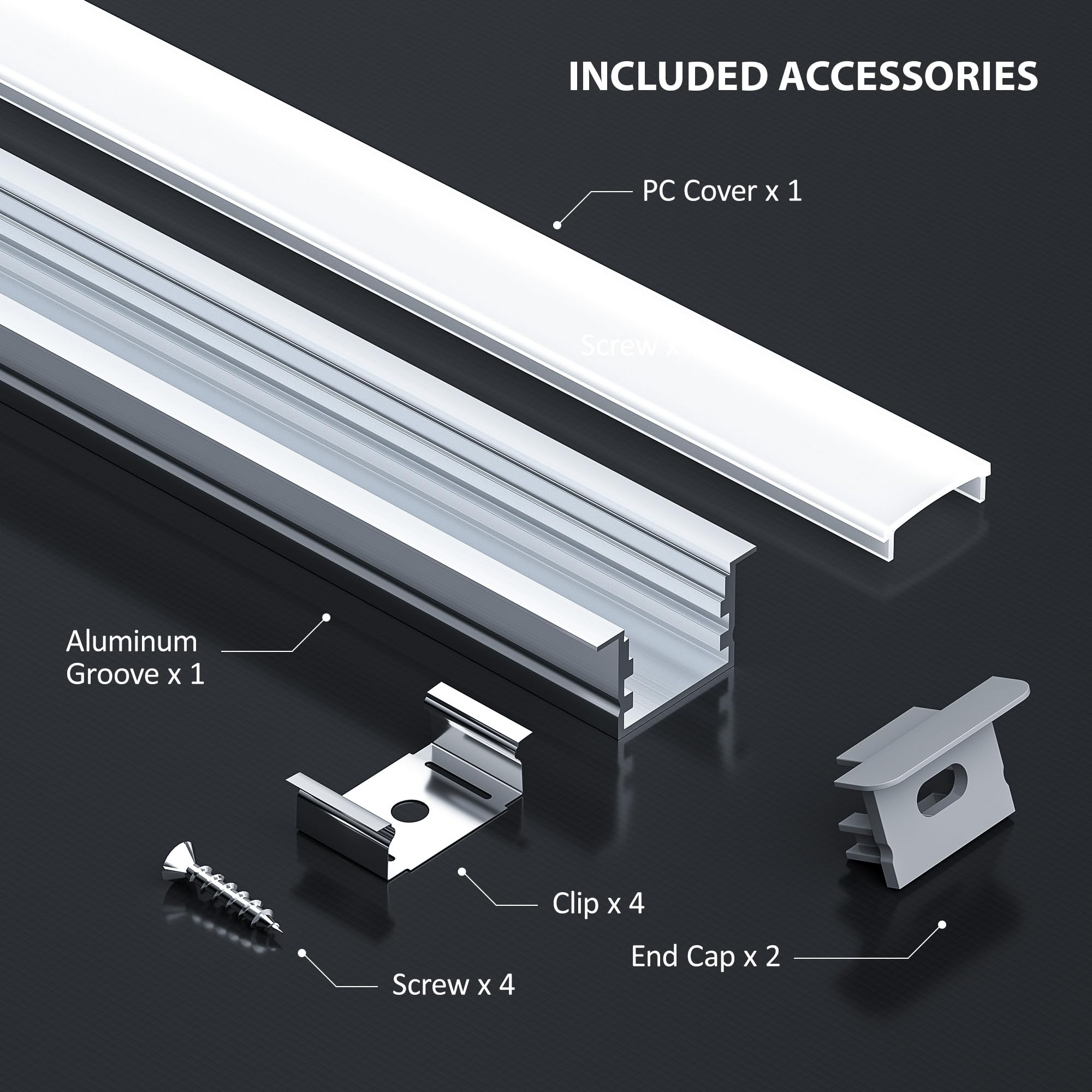 Perfil Aluminio para Tira LED 2m 6 Piezas - Compatible con tiras de hasta 15mm, montaje empotrado o en superficie, Canaleta Tira LED con difusor opaco y accesorios incluidos (2M 6 Piezas)