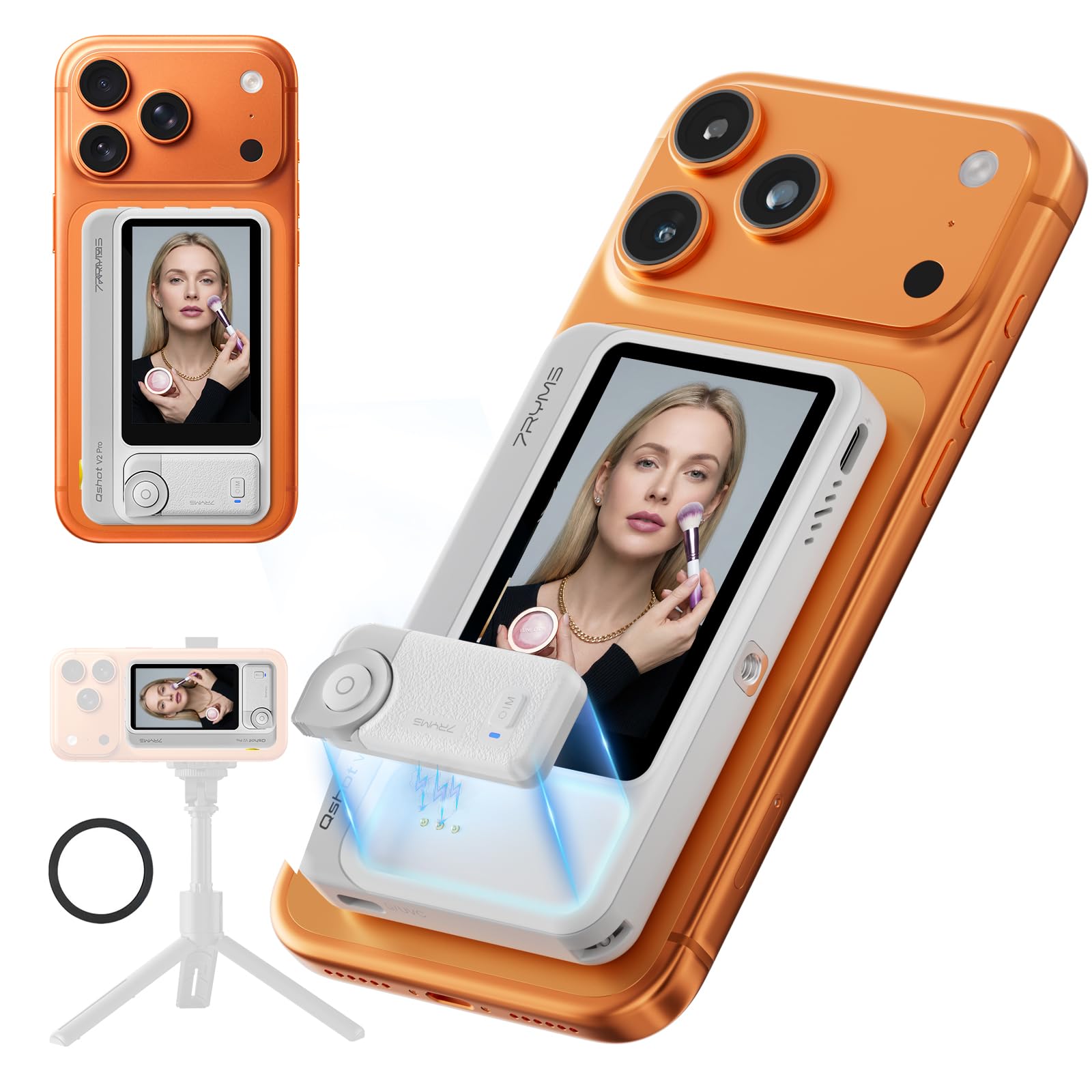 7RYMS Qshot V2 PRO Kabelloser Selfie Monitor für iPhone 17/16 & Android, Magnetischer Smartphone Rückkamera Monitors mit 4K/60fps, 50 m Reichweite, Lautsprecher, Vlog Monitor für YouTube TikTok (Weiß)