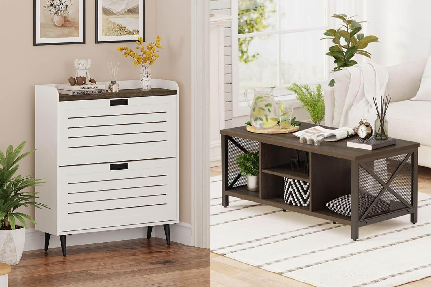 FATORRI Shoe Cabinet and Coffee Table for Living Room (Walnut Brown+White Oak)