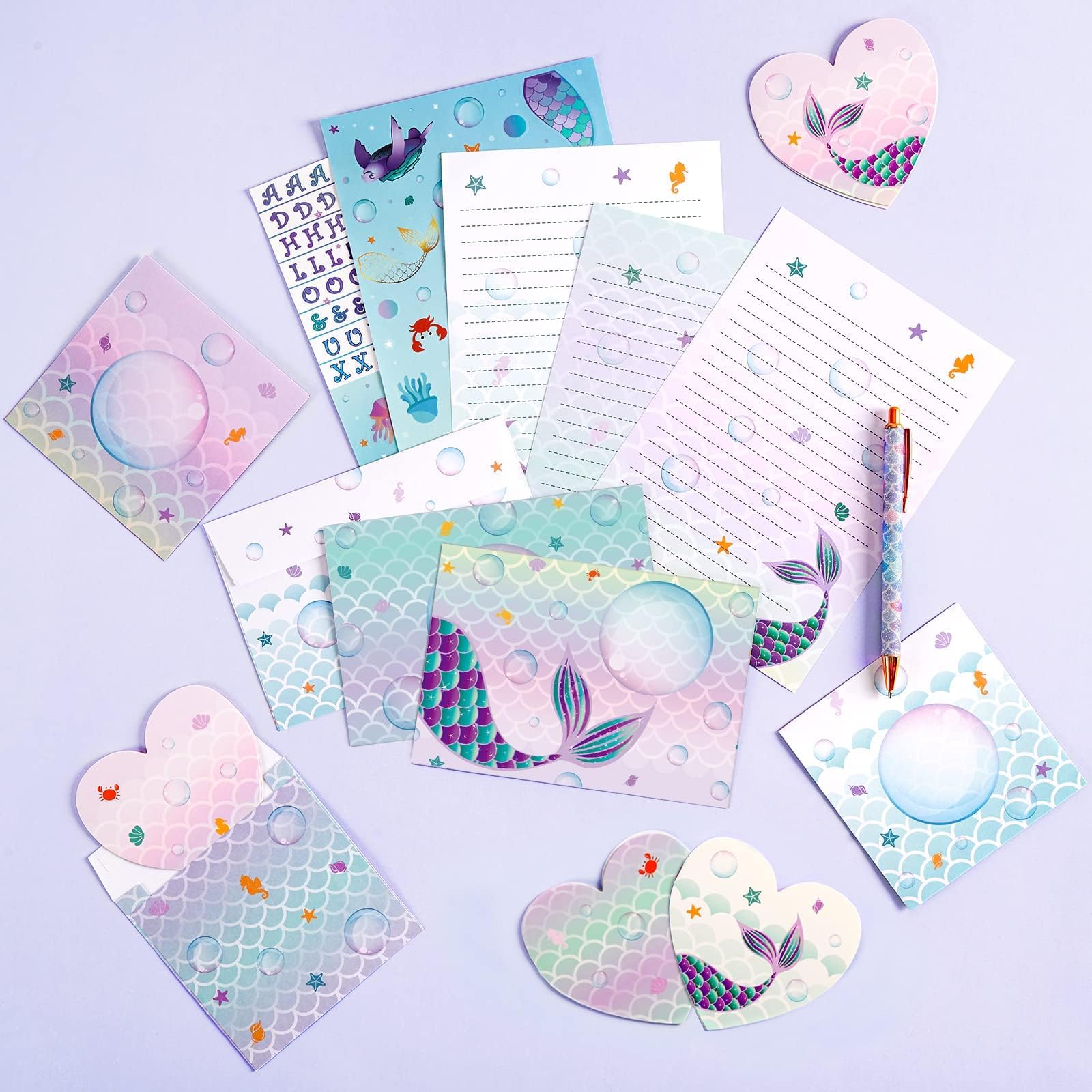 WERNNSAI Sirène Papier de Papeterie 71 PCS Enveloppes Cartes Autocollants Boite Cadeau