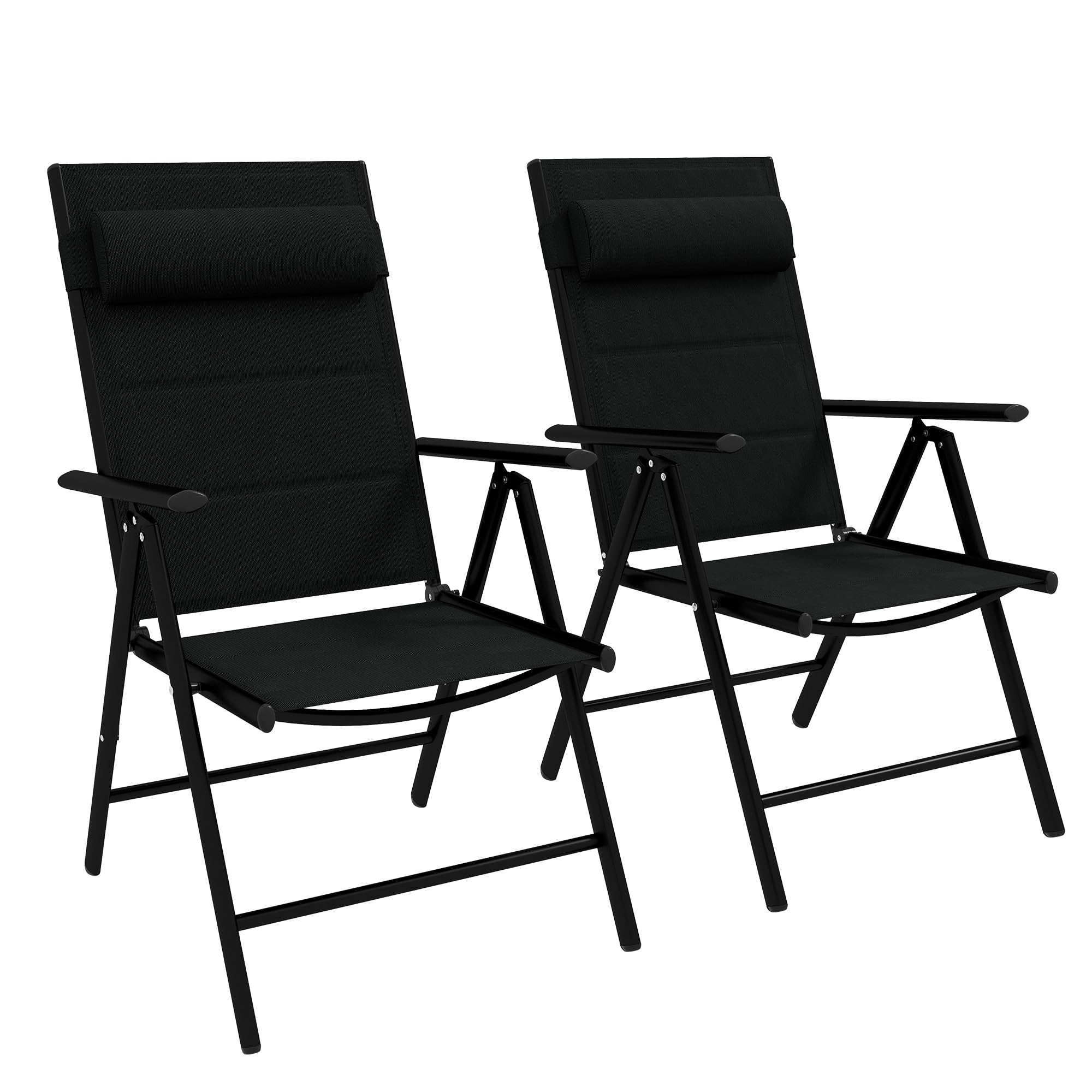 Outsunny Lot de 2 Chaises Pliantes Chaises de Jardin 54x67x108 cm Noir | Appui-Tête, Accoudoirs, Structure en Aluminium, Capacité 130 kg, Terrasse, Extérieur