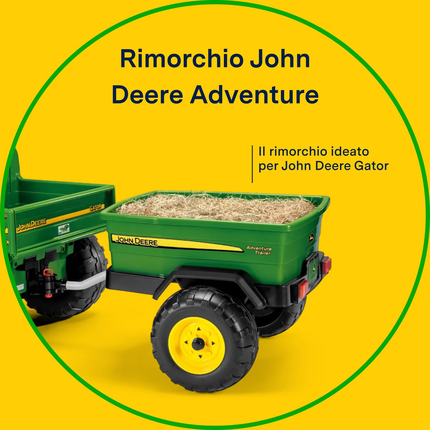 PEG John Deere Adventure Trailer, Rimorchio per Veicoli Elettrici John Deere Gator, Grande capacità di Carico 30 kg, con Gancio di Traino Incluso, età 2+ Anni