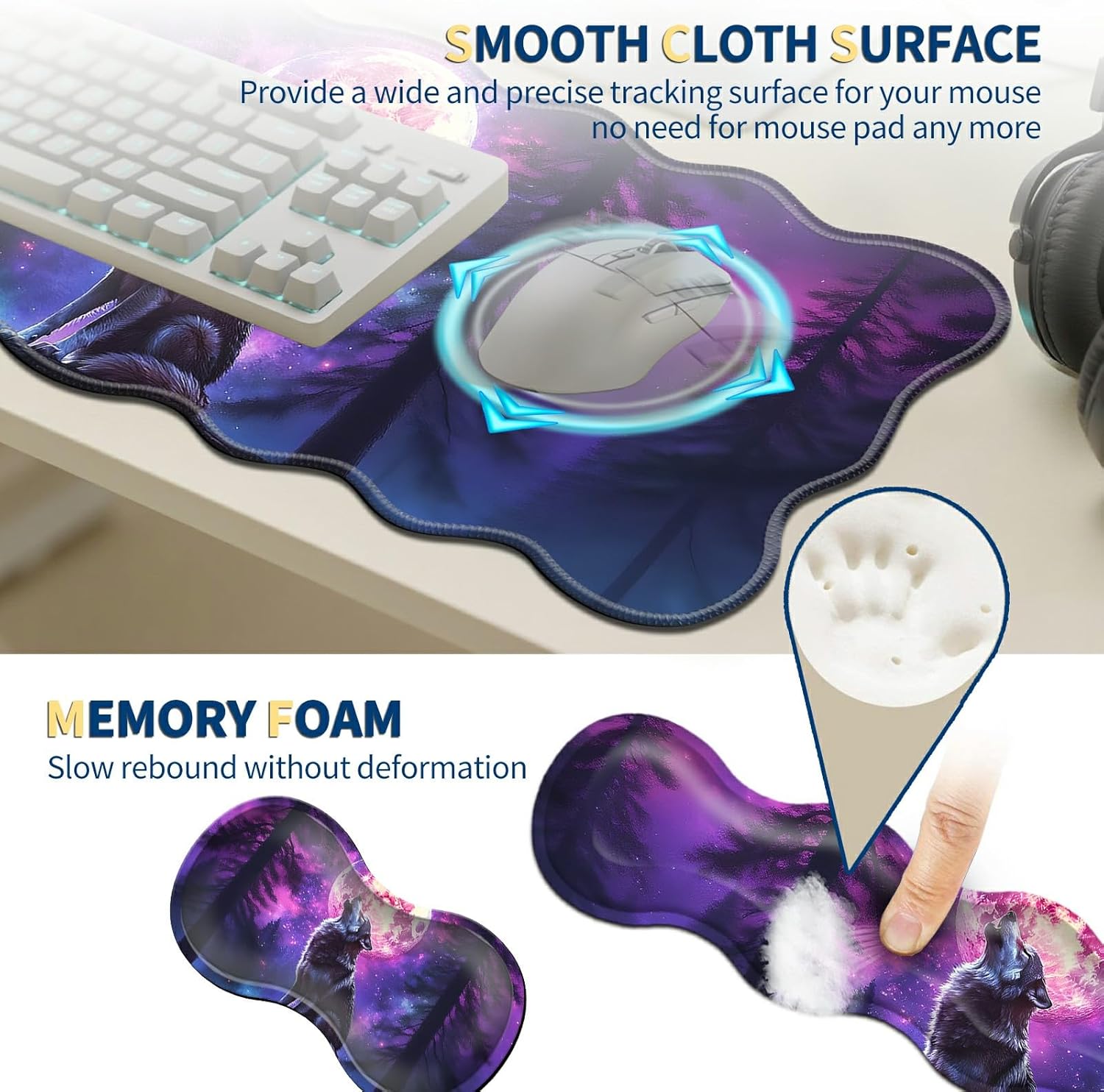4-Piece XXL Gaming Mouse Pad Set (31.5"x11.8") with Keyboard Wrist Rest,Mouse Wrist Support & Coaster,Ergonomic Non-Slip Desk Mat for Office & Home,Moon Wolf Howling