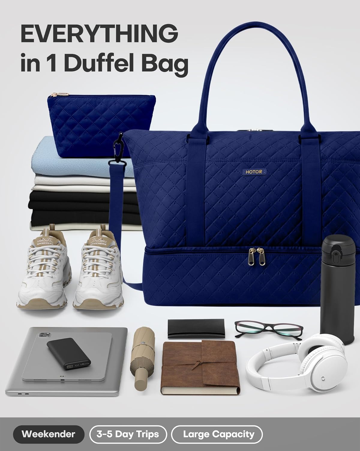 HOTOR Travel Duffel Bag - Weekender Bags for Women, Gym Tote Bags with Shoe Compartment, Carry On Overnight Bag with Toiletry Bag for Travel Essentials Travel Accessories, Dark Blue, 13.4"×17.3"×7.9" - Image 4