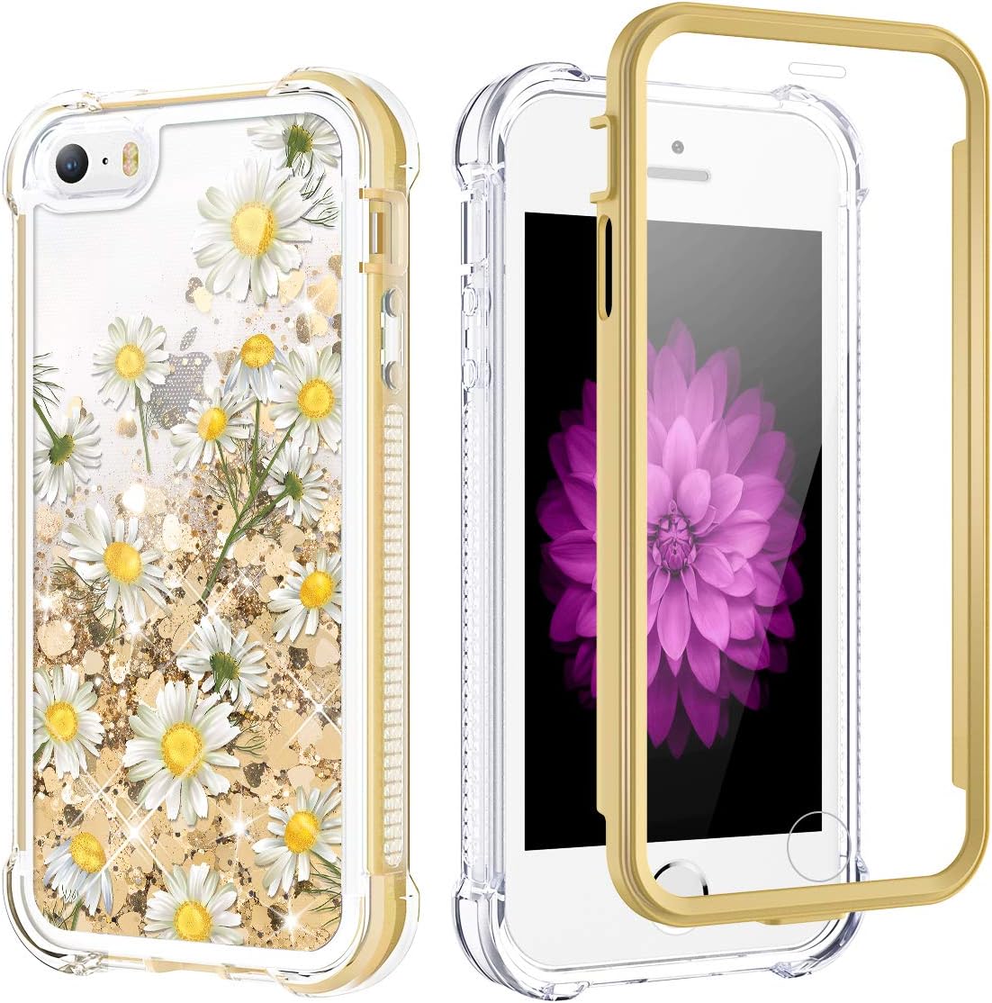 Caka Glitter Case for iPhone SE 2016 Case Glitter Bling Liquid for Women Girls Protective Full Body Fashion Flowing Shining Quicksand Shockproof Chamomile Phone Case for iPhone 5 5S SE (Daisy)
