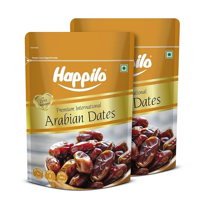 Happilo Premium Arabian Dates Pouch 500 g (Pack of 2) | Arab Khajur or Khajoor | 100% Naturally Dried | No added Preservatives | Vitamins & Minerals Rich | Soft Chewy Texture & Sweet Caramel Taste
