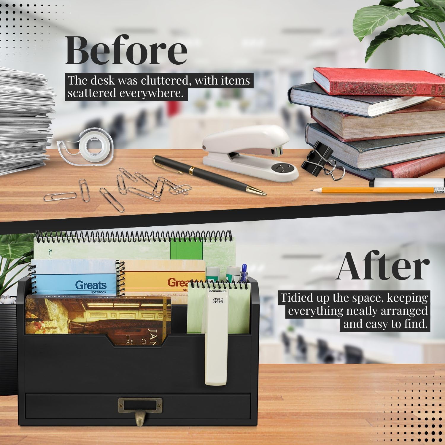 Flexzion 3 Tier Wooden Desk Organizer - Country Rustic Mail Organizer Countertop Compartments Slot File Tray Pencil Sorter Shelf Holder Accessories Set with Storage Drawer for Home Office, Light Brown