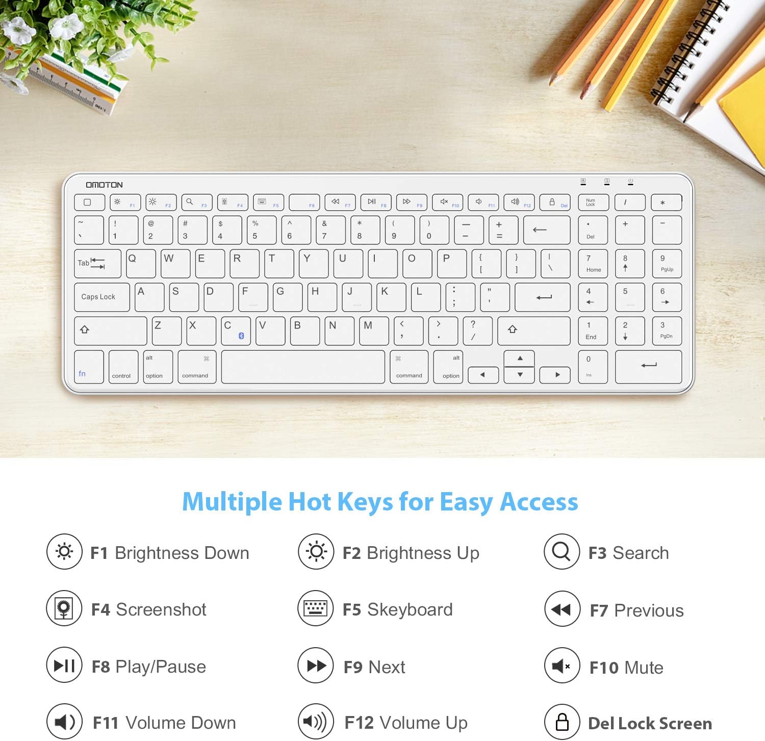 OMOTON Ultra Slim Wireless Bluetooth Keyboard for iPad Air 10.9/10.5, iPad Pro 12.9/11, iPad 8th 7th Gen 10.2, iPad 9.7, iPad Mini and More, White