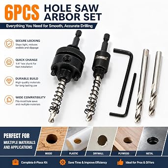 6-Piece Hole Saw Arbor Mandrel Set | 1/4 Hex Quick Change Shank, Large & Small Arbor for Bi-Metal Hole Saws, Includes Pilot Drill Bits and Hex Wrenches