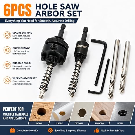 6-Piece Hole Saw Arbor Mandrel Set | 1/4 Hex Quick Change Shank, Large & Small Arbor for Bi-Metal Hole Saws, Includes Pilot Drill Bits and Hex Wrenches