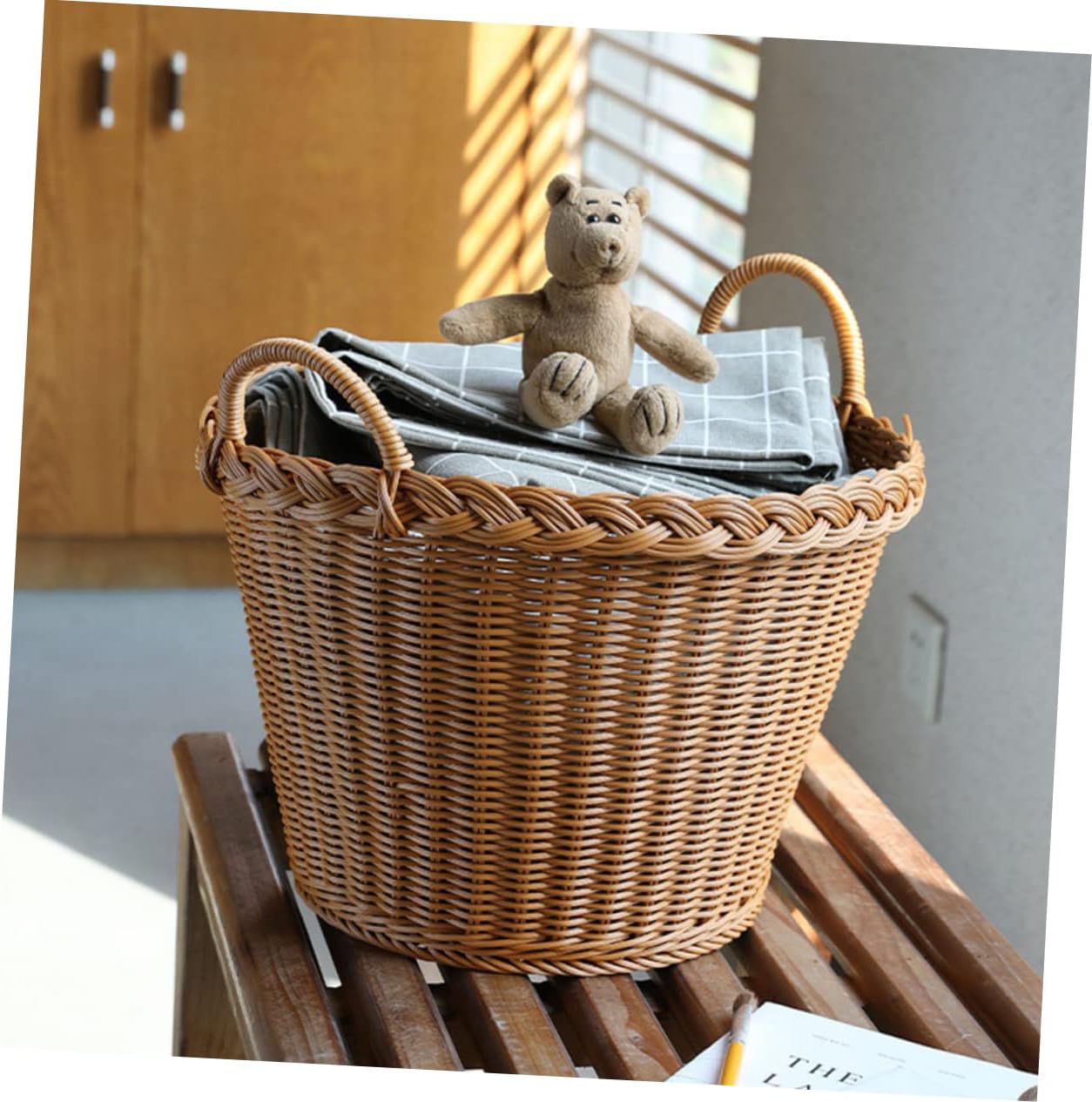 Simulated Rattan Woven Dirty Clothes Hamper Basket Multipurpose Laundry Storage Bin with Handle Japanese Style Lightweight Laundry Basket for Home Use and Easy to Carry