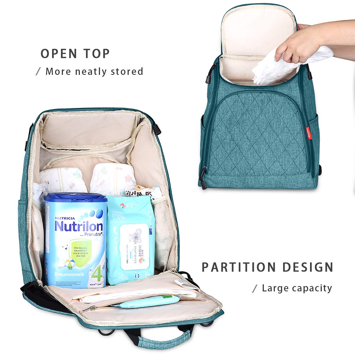 SONARIN Multifunzione Zaino Fasciatoio Bambino per Pannolini con Fasciatoio e Fascia per Passeggino,Grande Capacità,Organizer per Zaino da Viaggio,Impermeabile, Grande Apertura Sul Retro(Verde)