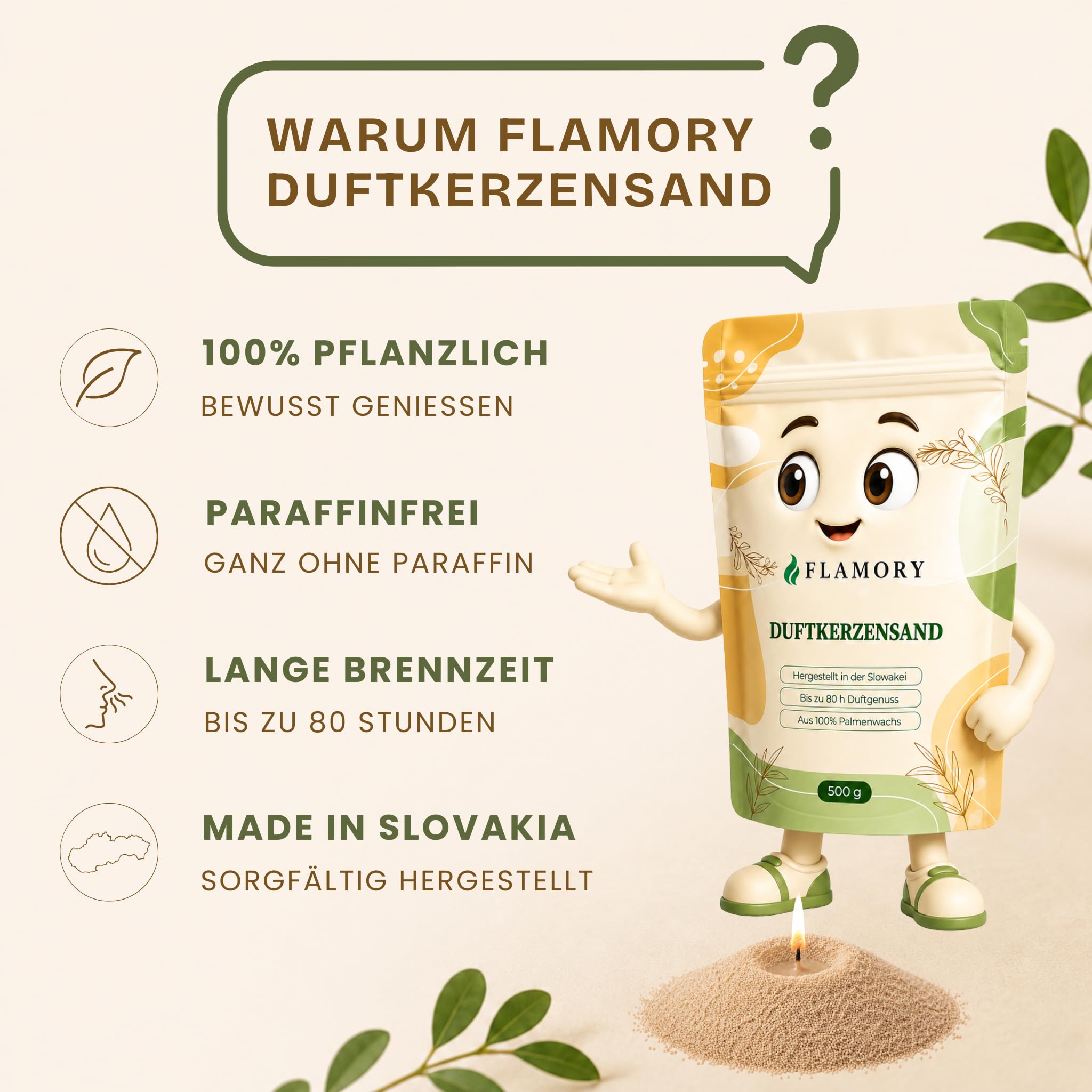 Kerzensand mit Duft 500g (Sandelholz) – Duftkerzensand – 6 Dochte inklusive – 100% Pflanzenwachs, rußarm, ohne Paraffin – bis 80 Std. Brenndauer – Candle Sand – Kerzensand mit Docht