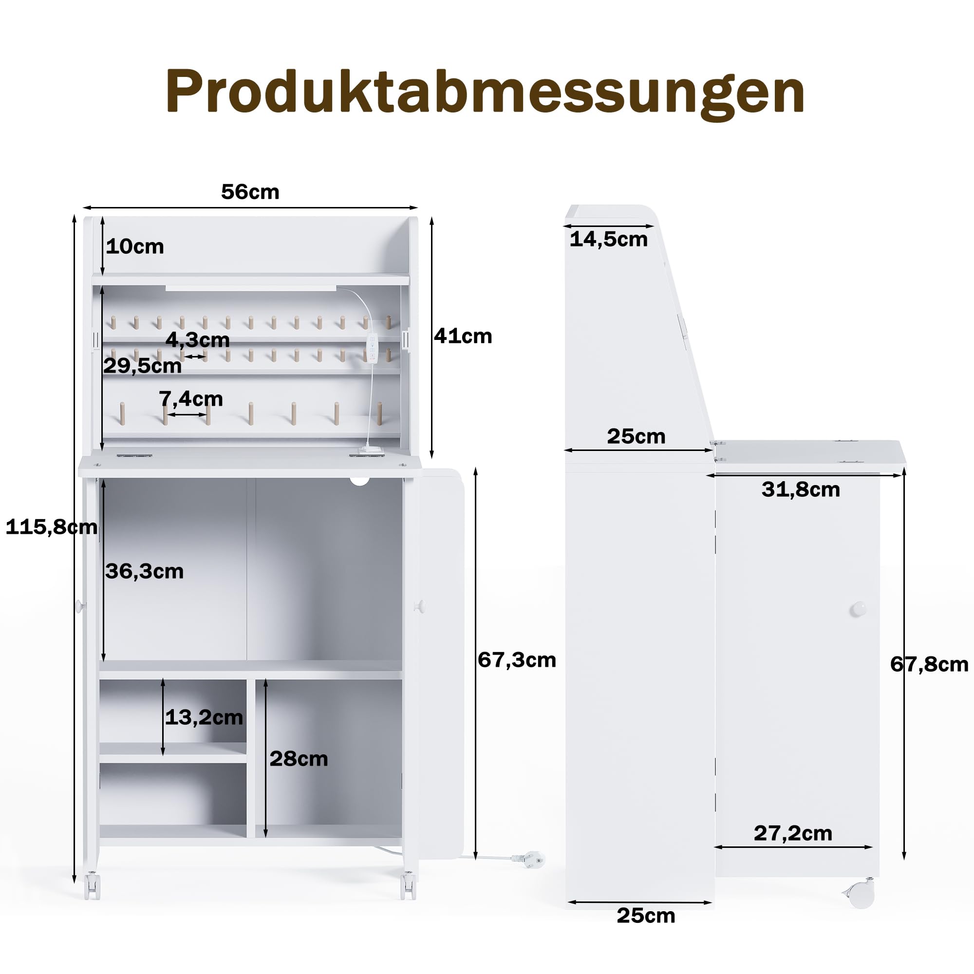 LED Nähtisch klappbar mit 33-Fach Garnhalter & 2 Steckdosen, USB+Typ-C Nähmaschinenschrank mit viel Stauraum, Mobiler Nähmaschinentisch auf Rollen, Platzsparender Basteltisch für Nähzubehör