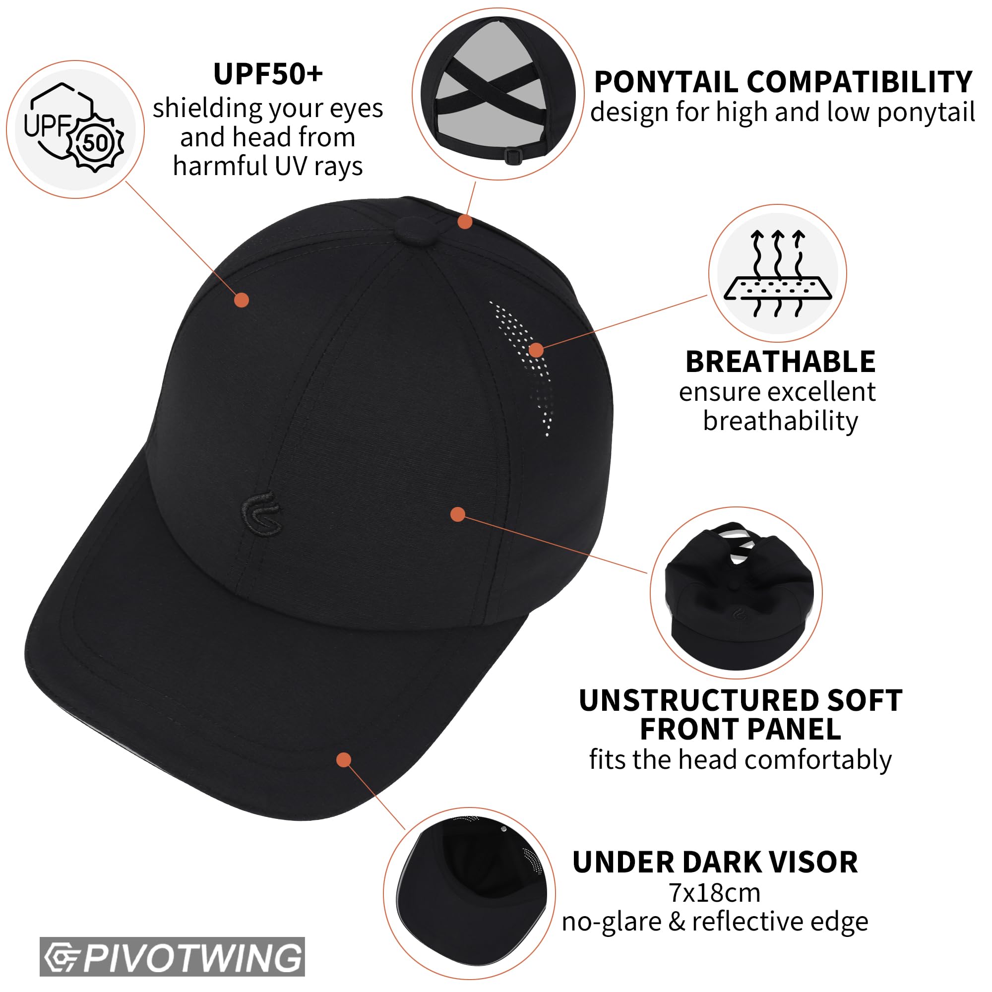 PivotWing Running Hat Ponytail Hat Womens Baseball Cap UPF50+ Baseball Cap Women Ponytail Hats for Women Quick Dry Breathable Running Hats for Hiking Walking Golf Tennis Outdoor Sports Black 56CM