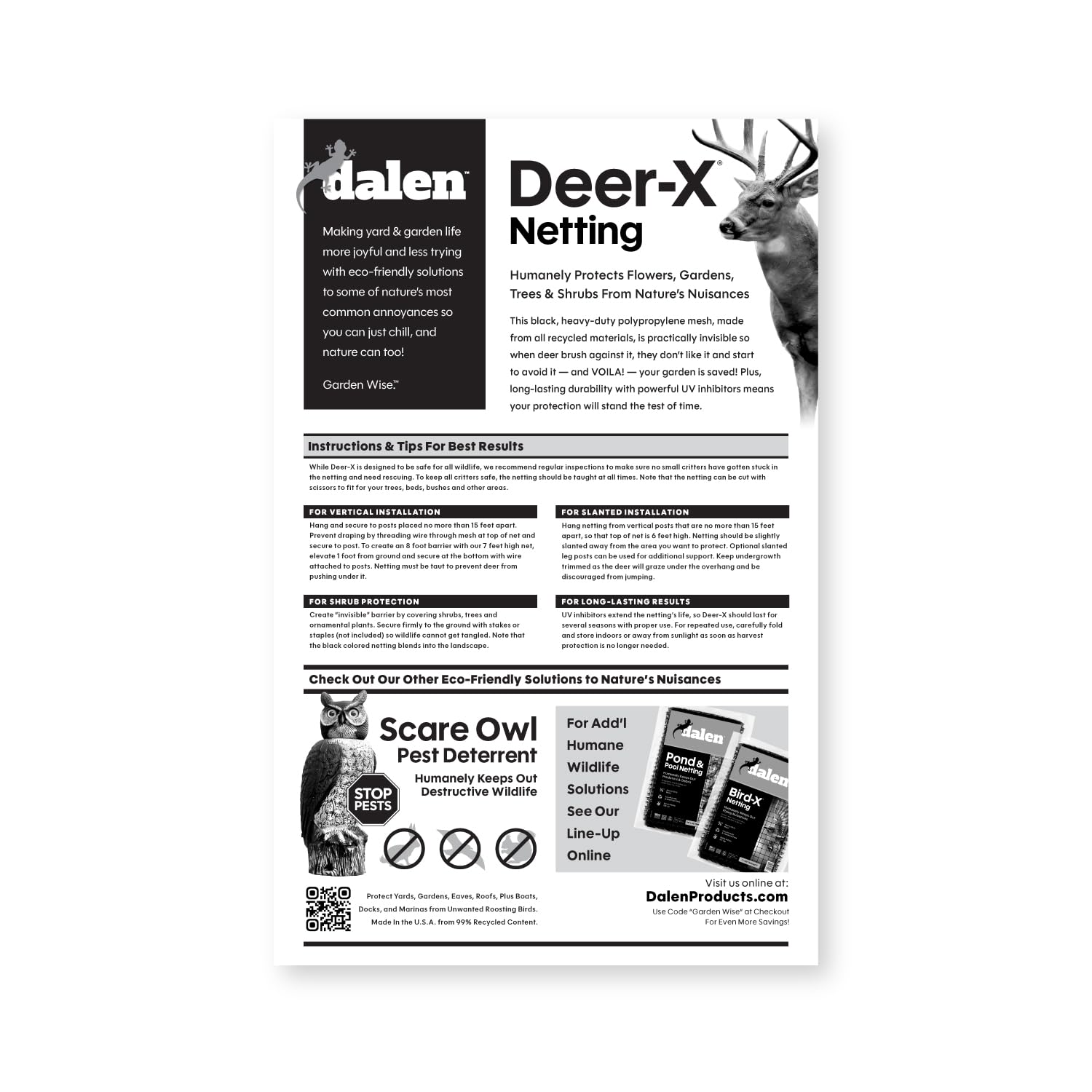 Dalen Deer X Rete protettiva per giardini e paesaggi - 7′ x 100′ - Rete in polipropilene 3/4 ″ resistente e durevole con inibitori UV..