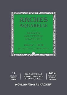 Arches Aquarelle 100% Fino 300g Block Kleben A3 12 Blätter Weiß Natur