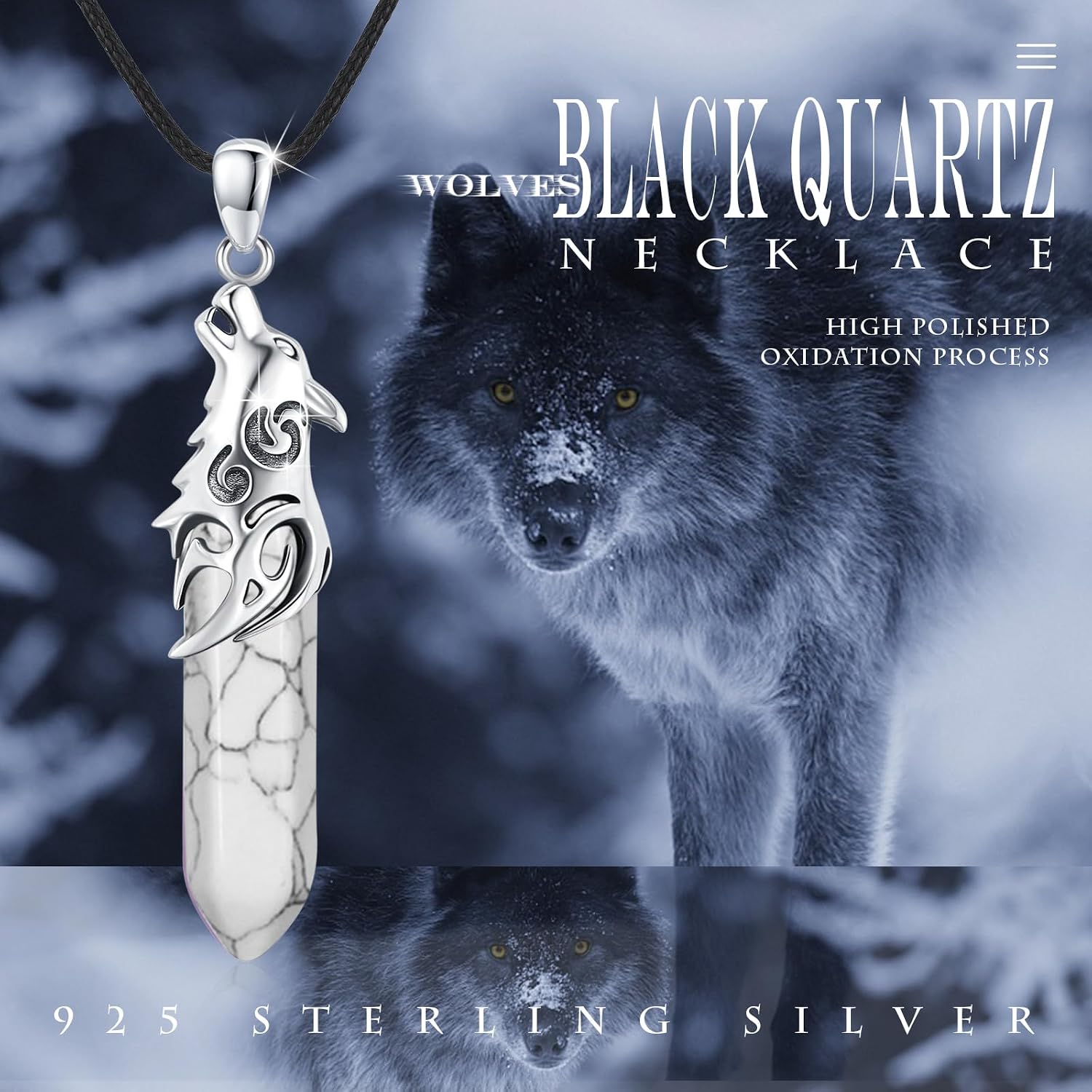 CUOKA MIRACLE Wolf Necklace 925 Men Sterling Silver Wolf Crystal Pendant Wolf Head Jewelry Wolf Gift for Men Women