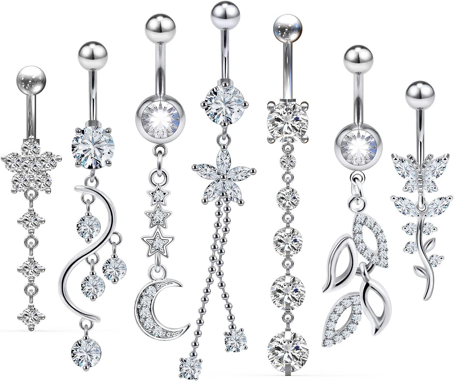 7PCS 14G 10mm Stainless Steel Dangle Belly Button Rings for Women Belly Piercing CZ Inlaid