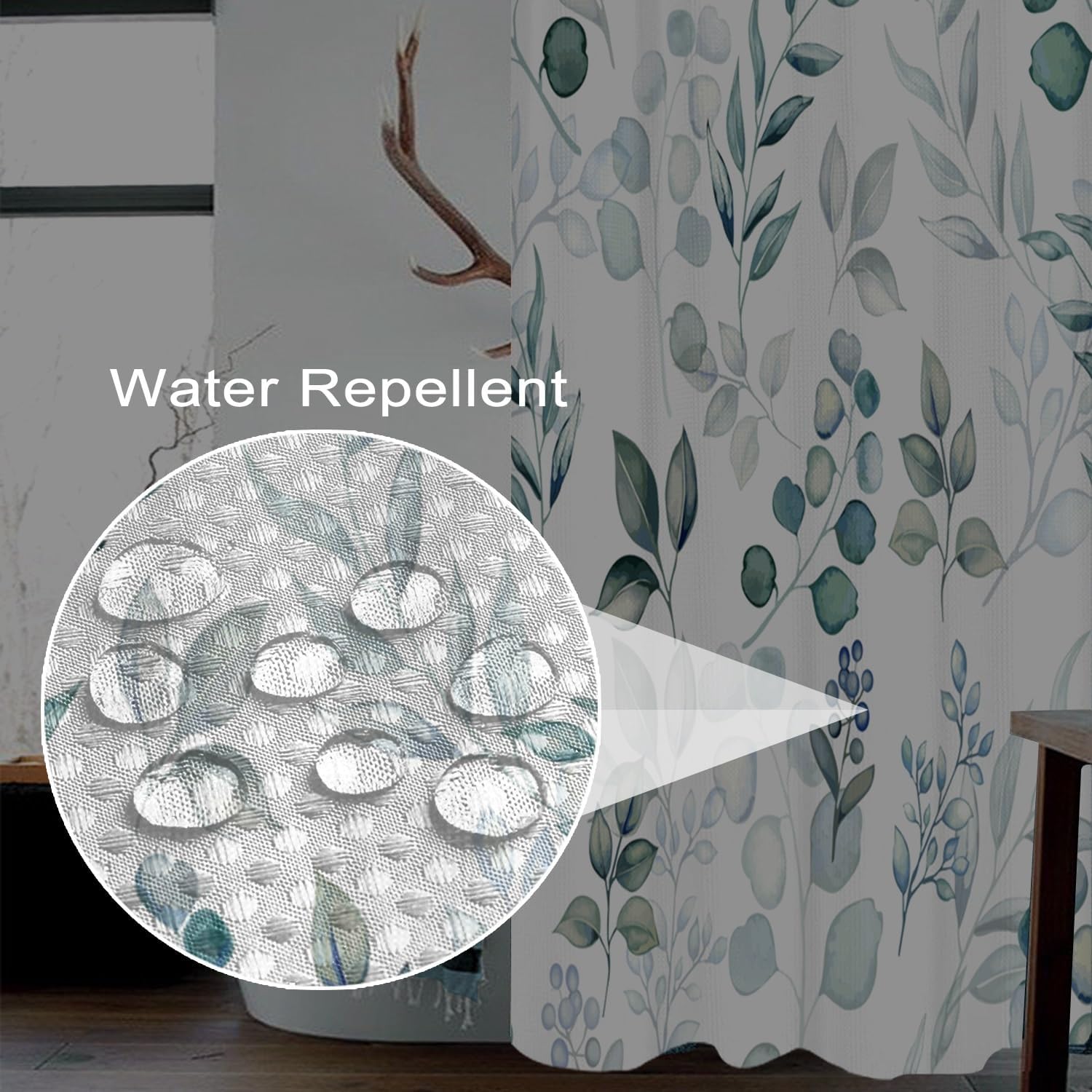 Leaves Shower Curtain, Blue Green Waffle Shower Curtains 72x78inches Watercolor Eucalyptus Leaves Waterproof Fabric Shower Curtain Set with Hooks
