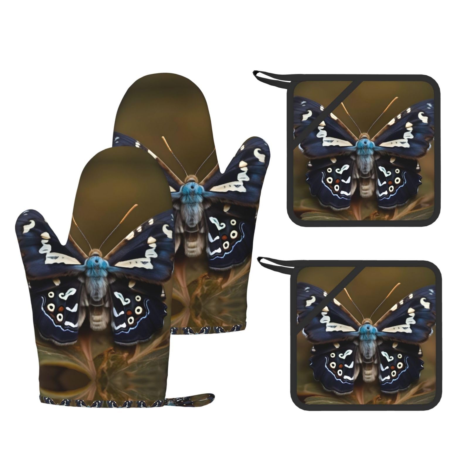 Beautiful Moth Wings Printed Pot Holders and Oven Mitts 4-Piece, Non-Slip Kitchen Gloves with Utensil Pocket for BBQ