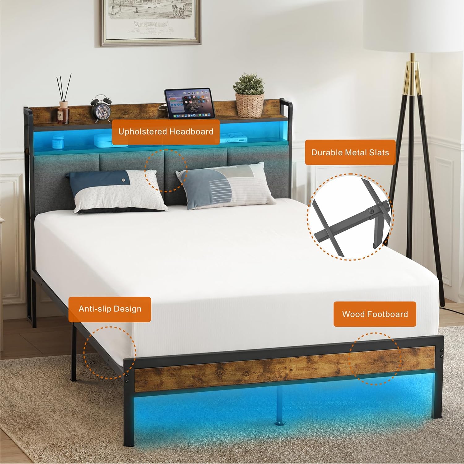 Z-hom Twin Bed Frame components including upholstered headboard, metal frame, and wood footboard.