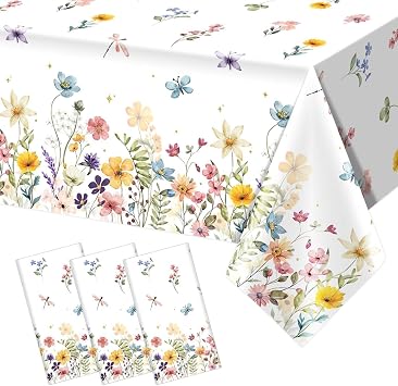 Wildflower Birthday Bridal Baby Shower Disposable Tablecloths, 3pcs | for Rectangular Table, Party Decoration, 108x54in, Plastic, Waterproof, Oil resistant, Easy Cleanup